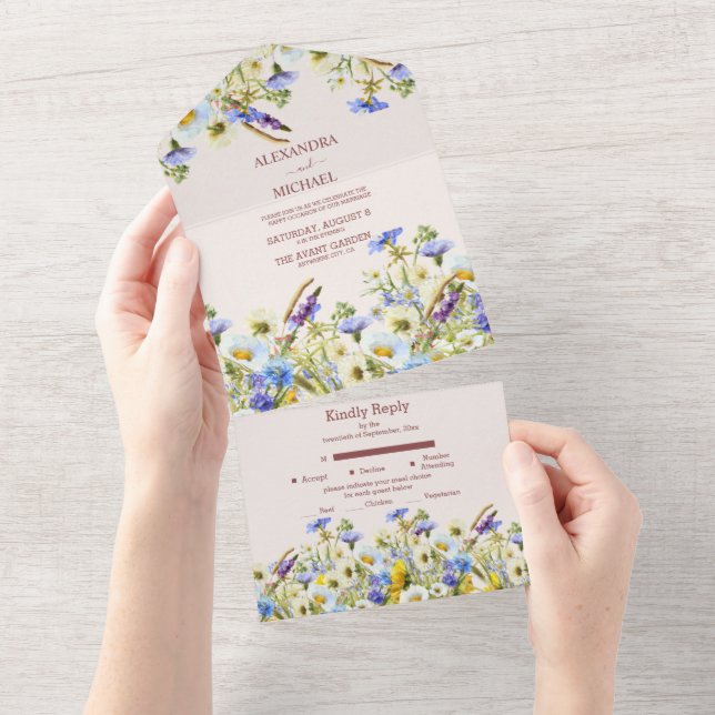 Boho Neutral Watercolor Wildblume Hochzeit All In One Einladung (Abreißen)