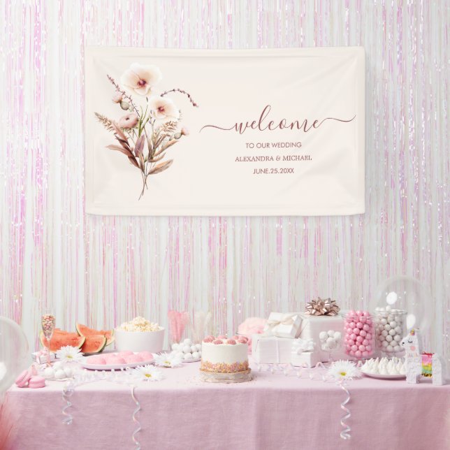 Boho Neutral Watercolor Wildblume Hochzeitsbanner Banner (Party)