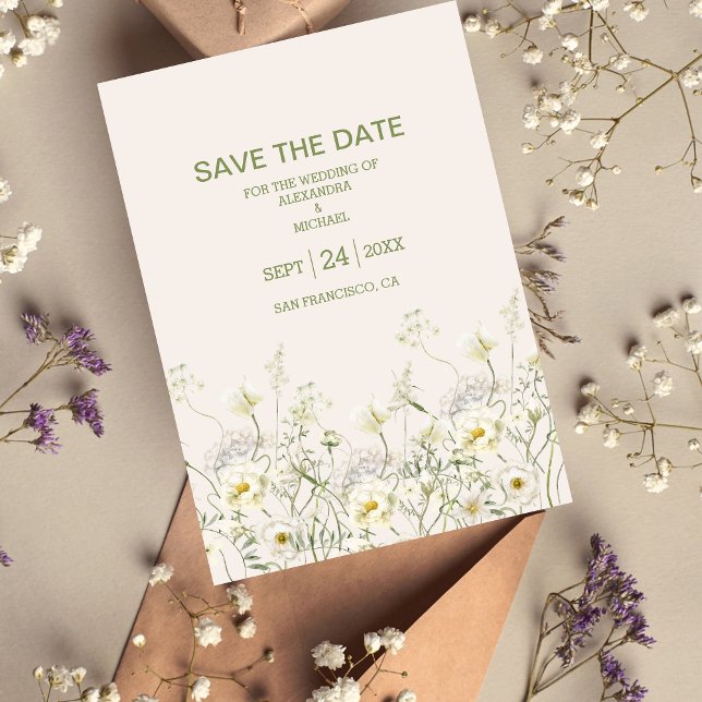 Boho Neutral White Watercolor Wildblume Hochzeit Save The Date (Von Creator hochgeladen)