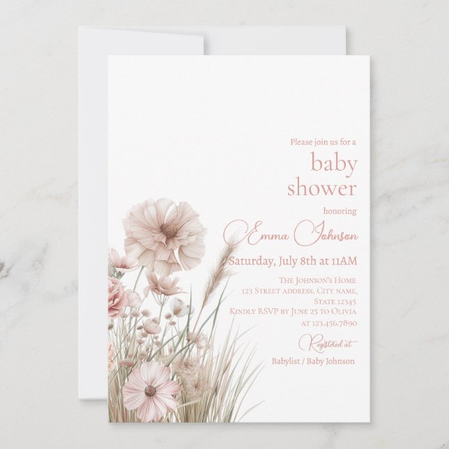 Boho Neutral Wildflower Baby Shower Invitation (Devant)