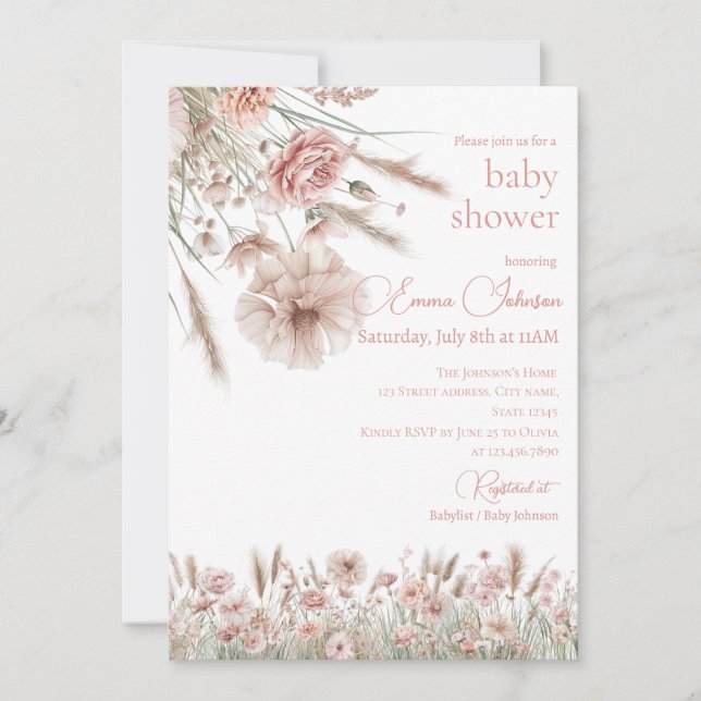 Boho Neutral Wildflower Baby Shower Invitation Einladung (Vorderseite)