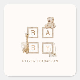 Boho Neutral Wood Block Letters Baby Quadratischer Aufkleber