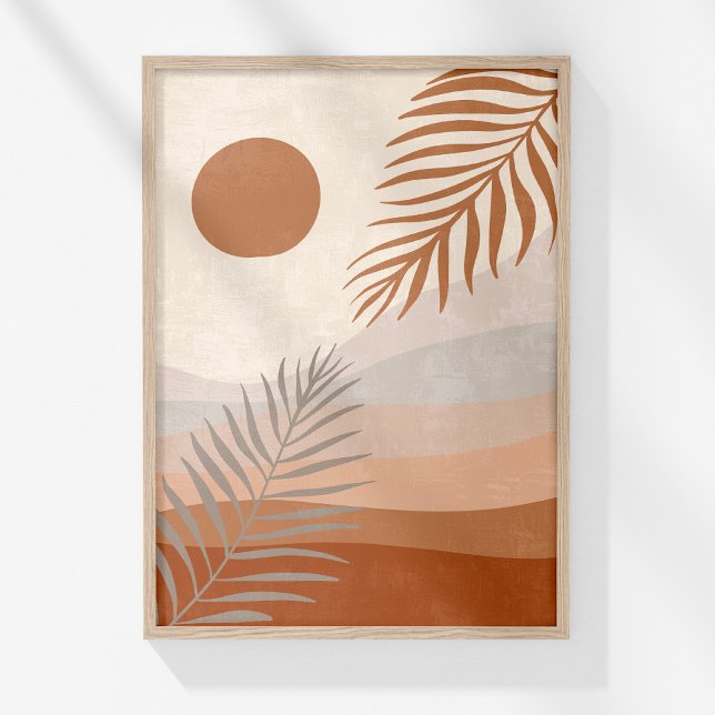 Boho Neutrale Abstrakte Landschaft Botanische Maue Poster (Boho Neutral Abstract Landscape Botanical Wall Art in a wooden frame on a sunny white wall.)