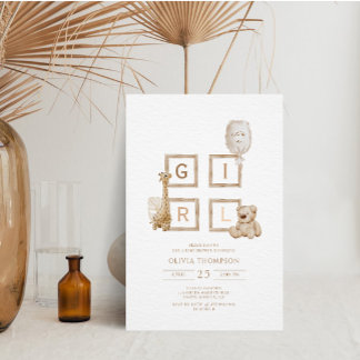 Boho neutrale Holzblockbuchstaben Es ist eine Mädc Einladung