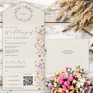 Boho Neutrale Wildblume RSVP & QR-Code Hochzeit All In One Einladung