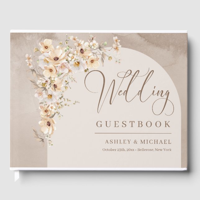 Boho neutrale Wildblumen Hochzeit Elfenbeinrahmen Gästebuch (Vorderseite)