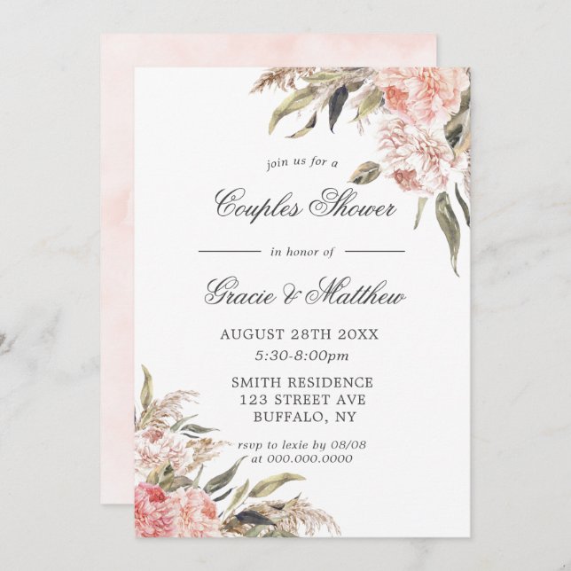 Boho Neutre Pink Peony Couples Invitations De Douc (Devant / Derrière)