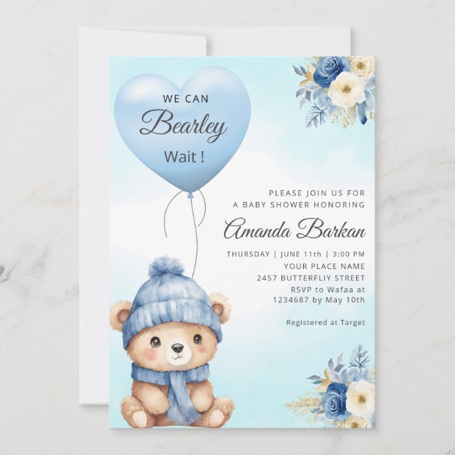 Boho Niedlich Boy Teddy Bear Blue Balloon Babydusc Einladung (Vorderseite)