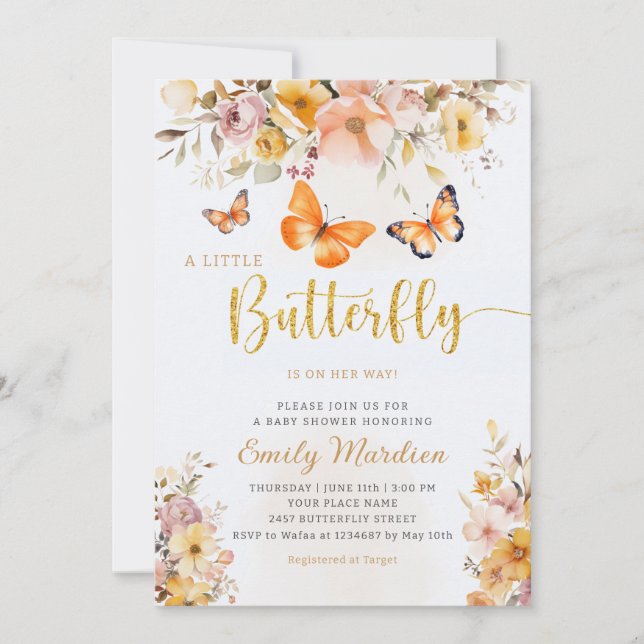 Boho Niedlich Butterfly Wildblume Girl Baby Dusche Einladung (Vorderseite)