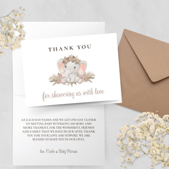Boho Niedlich Elephant Babydusche Danke Karte (Boho Elephant Baby Shower Thank You Cards with Pampas Grass Floral Design)