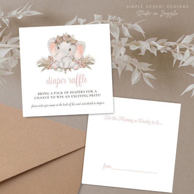 Boho Niedlich Elephant Babydusche Windelwanne Begleitkarte (Cute Pink Boho Floral Elephant Baby Shower Diaper Raffle Enclosure Cards Gift Tag)