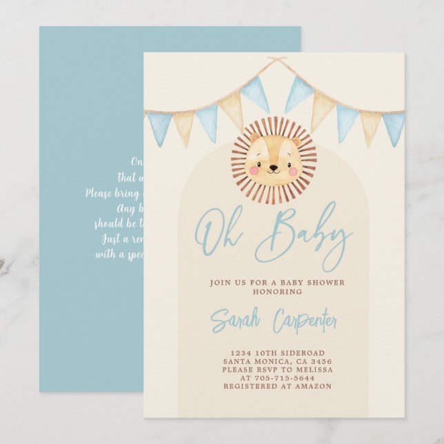 Boho Niedlich Lion Baby Shower Boy Einladung (Vorne/Hinten)