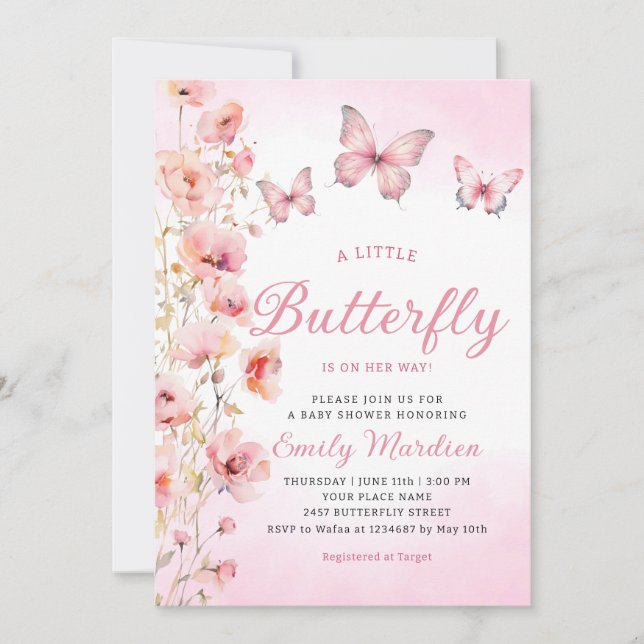 Boho Niedlich Pink Floral Butterfly Girl Babydusch Einladung (Vorderseite)