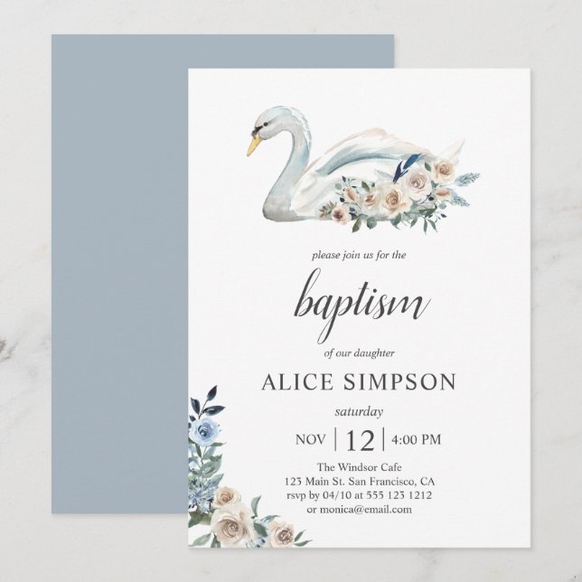 Boho Niedlich Swan Dusty Blue Beige Blume Taufe Einladung (Vorne/Hinten)