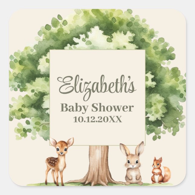 Boho Niedlich Woodland Animals Kinderdusche Quadratischer Aufkleber (Vorderseite)