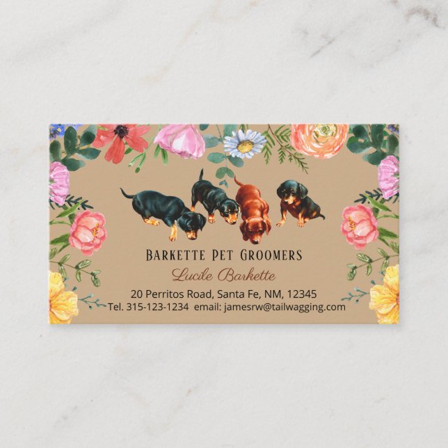 Boho Niedliche Dackel Pet Grooming Wildblumen Kraf Visitenkarte (Vorderseite)