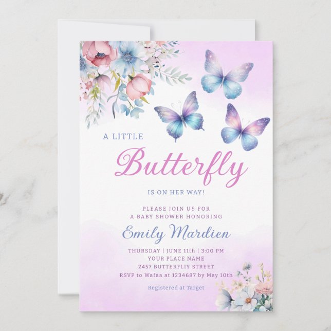 Boho Niedliche Lila Floral Butterfly Girl Babydusc Einladung (Vorderseite)