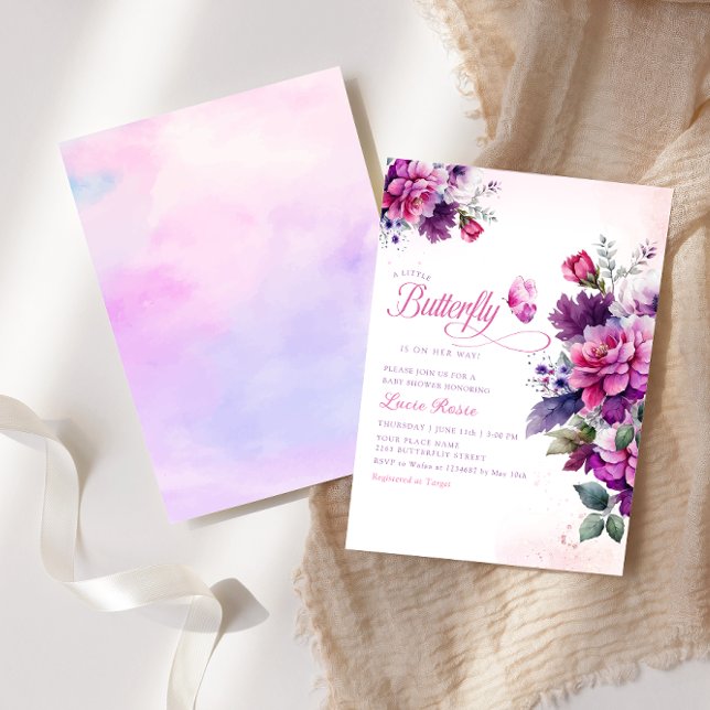 Boho Niedliche Lila Floral Butterfly Girl Babydusc Einladung (Von Creator hochgeladen)