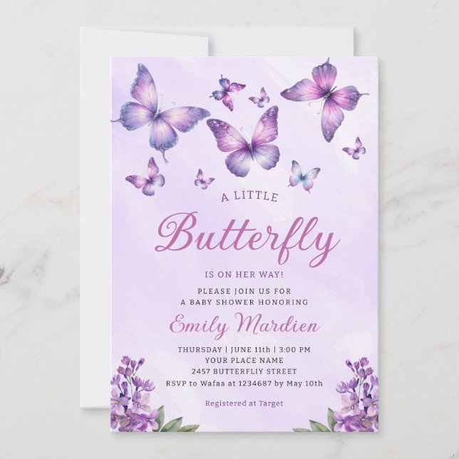 Boho Niedliche Lila Floral Butterfly Girl Babydusc Einladung (Vorderseite)