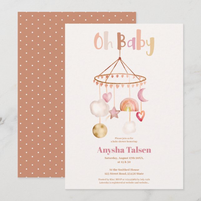 Boho niedliche mobile Regenbogenwasserfarbe Babydu Einladung (Vorne/Hinten)