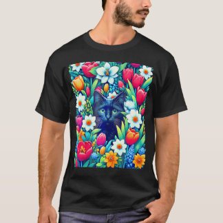 Boho Niedliche schwarze Blütenkatze versteckt sich T-Shirt