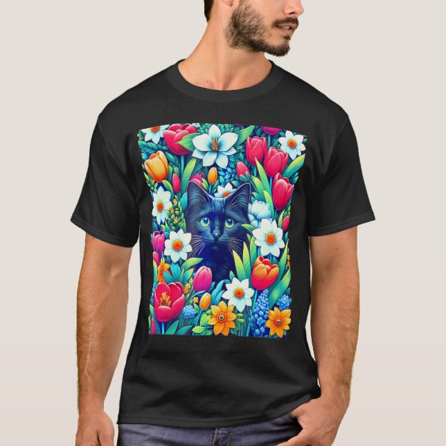 Boho Niedliche schwarze Blütenkatze versteckt sich T-Shirt (Vorderseite)