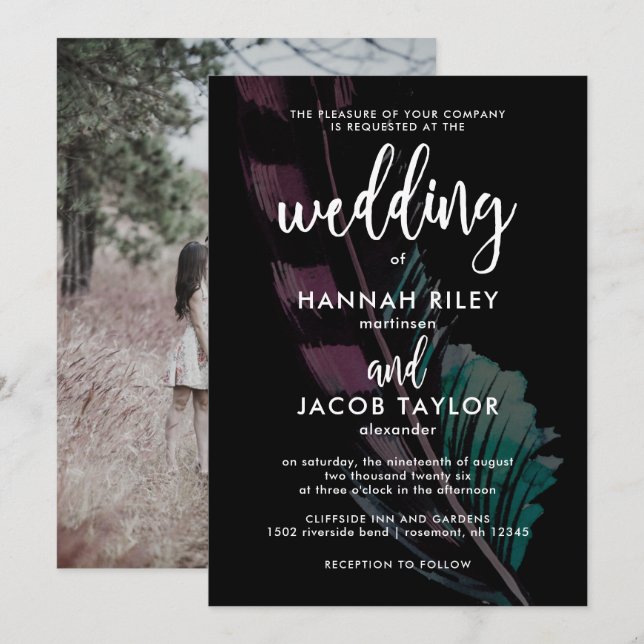 Boho Nights Black with Feather Foto Wedding Einladung (Vorne/Hinten)