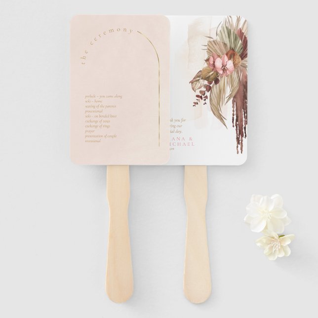 Boho-Oase-Hochzeitsprogramm Rosé ID959 Fächer (Vorne und Hinten)