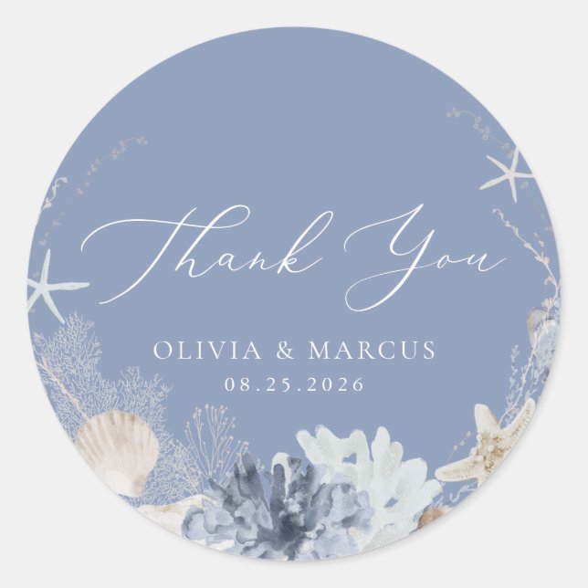 Boho Ocean Beach Blue Wedding Vielen Dank Runder Aufkleber (Vorderseite)