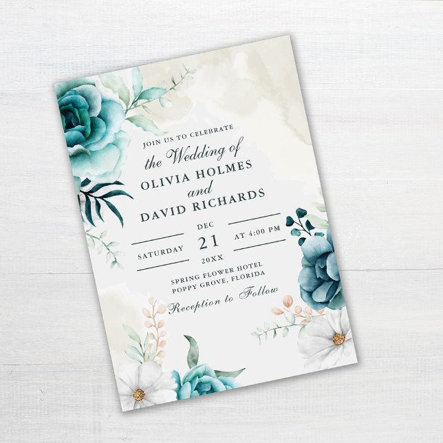 Boho Off-White Aquamarine Wildblumen Hochzeit Einl Einladung (Teal and Off-white Wildflowers Wedding Invitation on gray wooden table.)