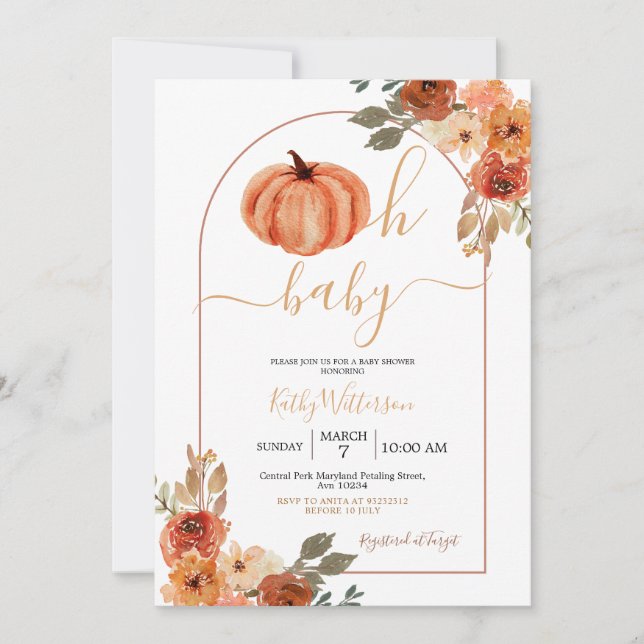 Boho Oh Baby Arch Pumpkin Wildblume Babydusche Einladung (Vorderseite)