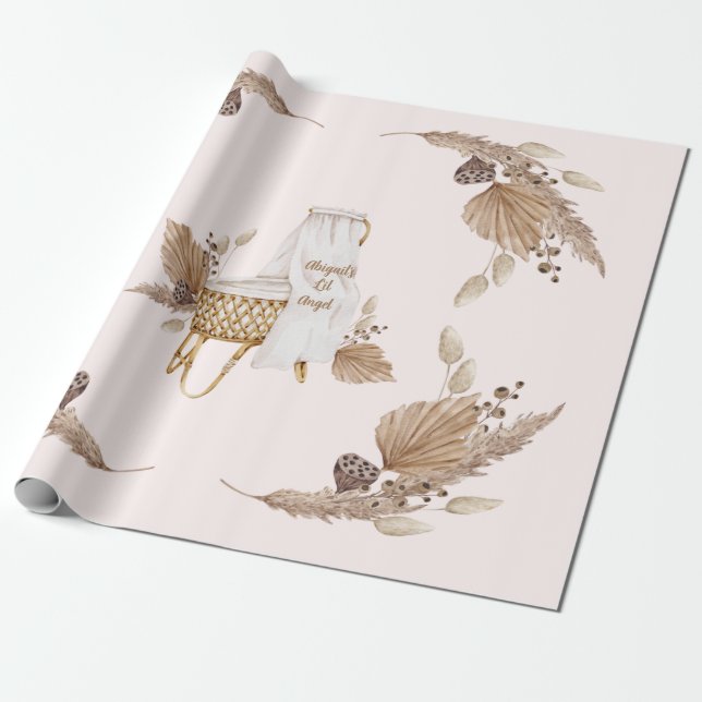 Boho Oh Baby Brown Pink Bassinet Personalisiert Geschenkpapier (Ungerollt)