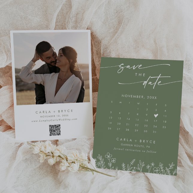 Boho Olive Wildflower QR-Code Foto-Kalender  Save The Date (Von Creator hochgeladen)