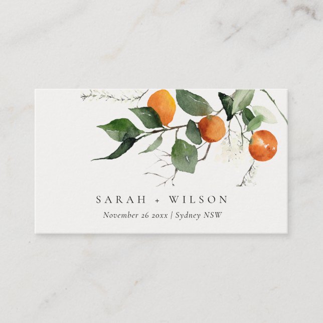 Boho Orange Blossom Botanische Hochzeit Platzkarte (Vorderseite)