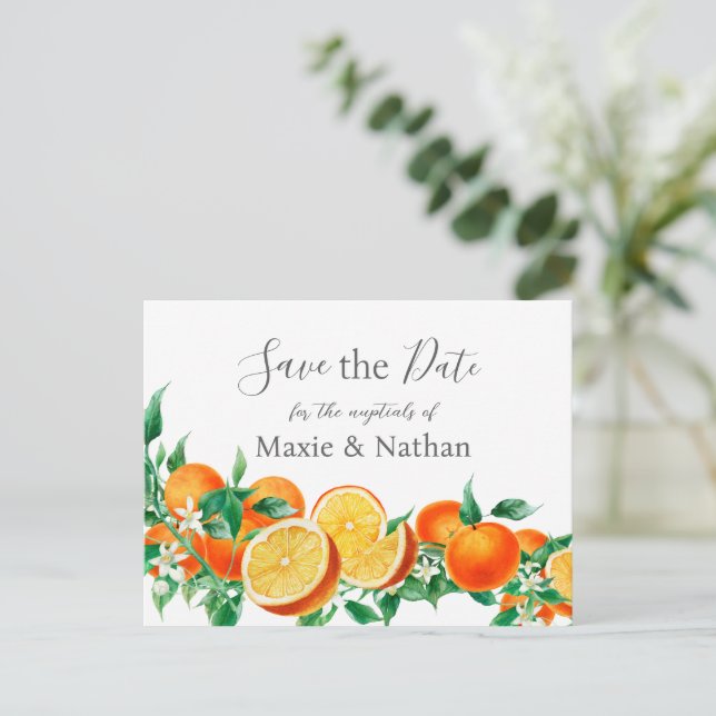 Boho Orange Blossom Save the Date Postkarte (Stehend Vorderseite)