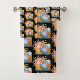 Boho Orange Camera & Blume Wasserfarbmuster Badhandtuch Set