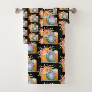 Boho Orange Camera & Fleurs Motif d'aquarelle