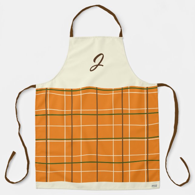 Boho Orange Chocolate Cream Green Grid Monogram Schürze (Vorderseite)