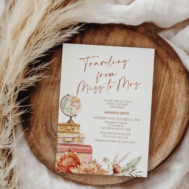 Boho Orange Fall Reise Miss Mrs. Brautparty Einladung (Fall Traveling for Miss To Mrs Bridal Shower Invitation Template, Miss To Mrs Invitation Autumn)