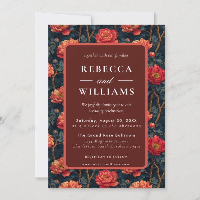 Boho Orange Floral Peonies Wedding Invitation (Devant)