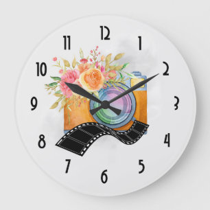 Boho Orange Kamera & Blume Aquarell Große Wanduhr
