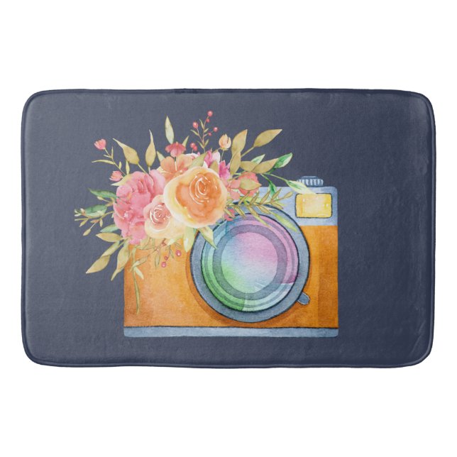 Boho Orange Kamera & Floral Bouquet Wasserfarbe Badematte (Vorderseite)