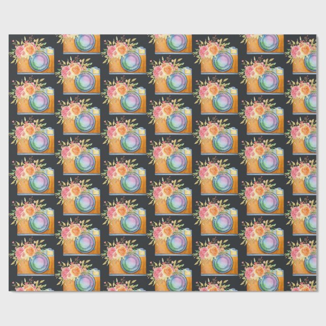Boho Orange Kamera & Floral Bouquet Wasserfarbe Geschenkpapier (Flach)