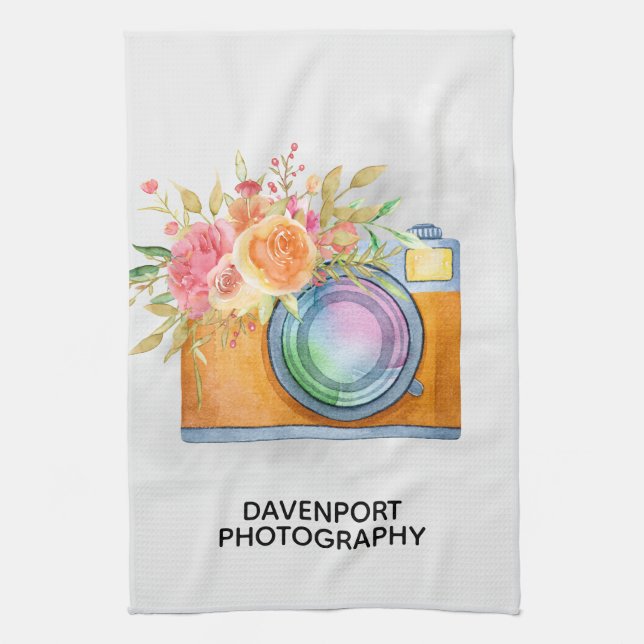 Boho Orange Kamera & Floral Bouquet Wasserfarbe Geschirrtuch (Vertikal)