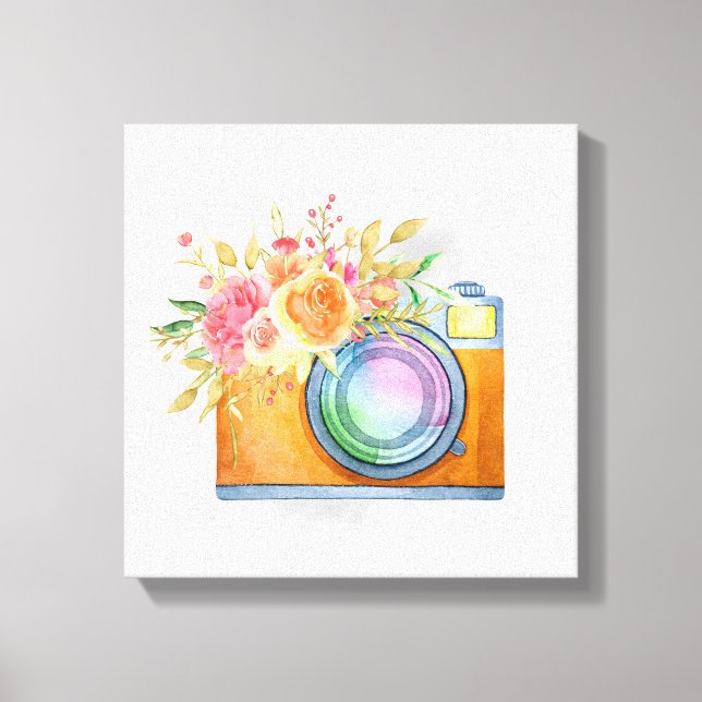 Boho Orange Kamera & Floral Bouquet Wasserfarbe Leinwanddruck (Vorderseite)