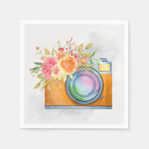 Boho Orange Kamera & Floral Bouquet Wasserfarbe Serviette