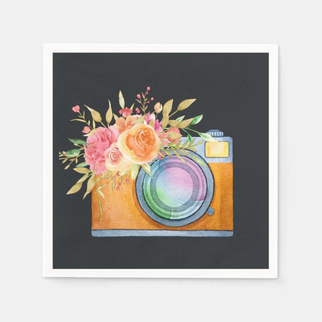 Boho Orange Kamera & Floral Bouquet Wasserfarbe Serviette (Vorderseite)