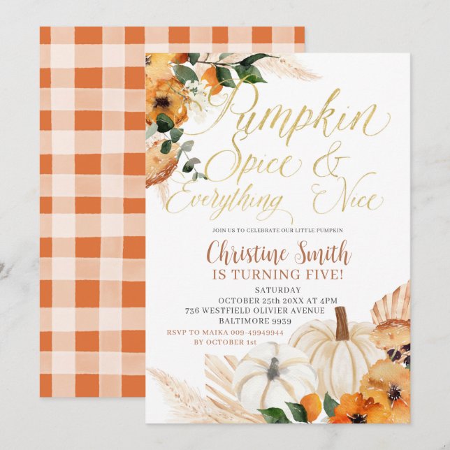 Boho Orange Pumpkin Kid's Birthday Invite Einladung (Vorne/Hinten)
