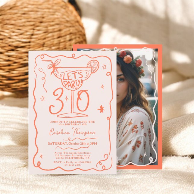 Boho orange-quirkische Whimsikschriften 30 Geburts Einladung (Boho orange quirky whimsical scribbles 30 birthday invitation)