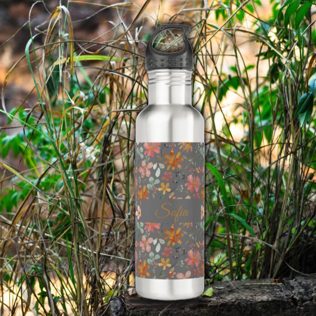 Boho orange rosa Blume Wasserfarbmuster Edelstahlflasche (Von Creator hochgeladen)